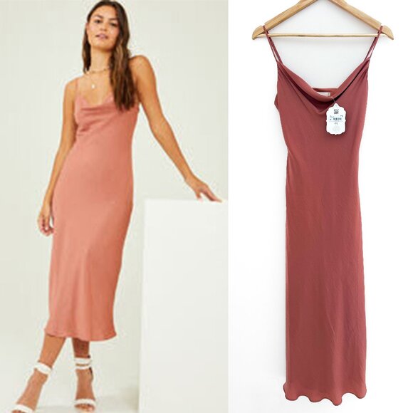 NWT Altar'd State Blythe Satin Slip Midi Dress Cedarwood Rusty Rose - Size S - Picture 1 of 11